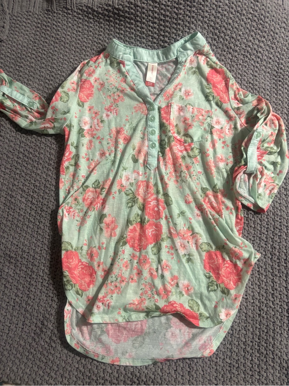 Mint Green and Coral Floral Henley Top with Coral Roses